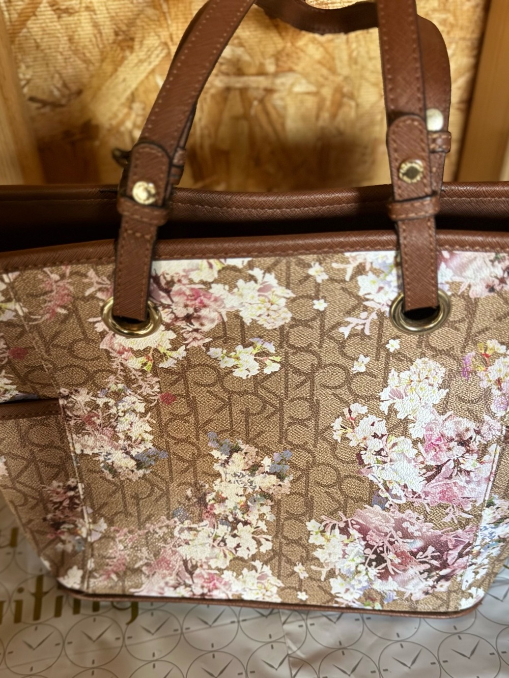Calvin Klein Brown Floral Logo Tote
